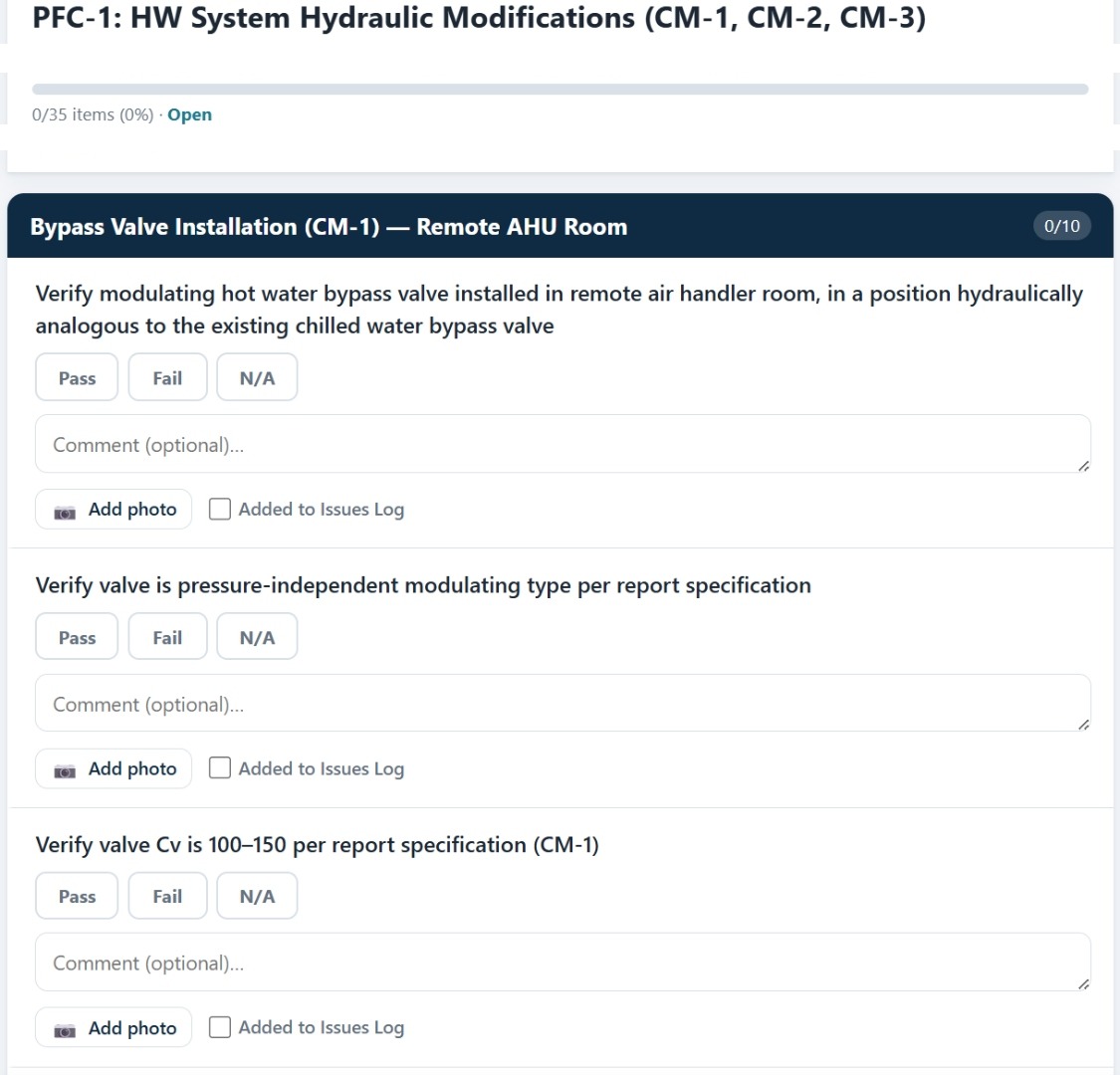 Cx AIgent prefunctional checklist form on a mobile browser, showing Pass Fail N/A controls, a comment field, and an add-to-issues-log checkbox
